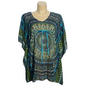 New Raviya L Tunic Top Cover Up Blue Green White Light Weight Flowy Empire Waist